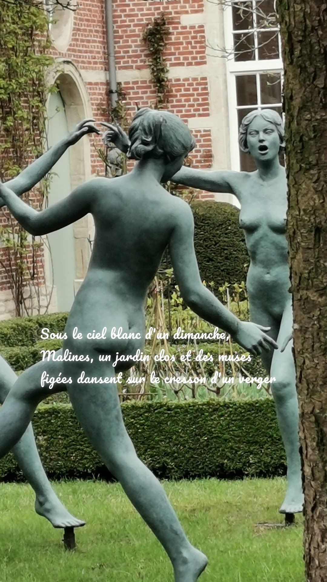 Sous le ciel blanc d'un dimanche, Malines, un jardin clos et des muses figées dansent sur le cresson d'un verger 